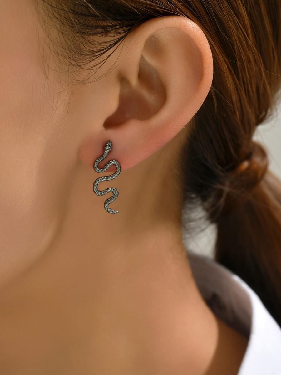 Snake Design Stud Earrings - Gun Black - View 1