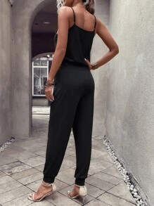 SHEIN LUNE 前紐扣腰上打結吊帶連體褲 - 黑色 - 查看 2