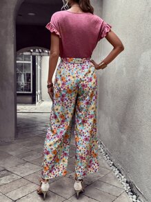 SHEIN VCAY 荷葉邊T恤和印花腰帶闊腿褲 - 藕粉色 - 查看 2