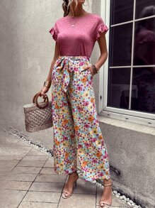 SHEIN VCAY 荷葉邊T恤和印花腰帶闊腿褲 - 藕粉色 - 查看 3