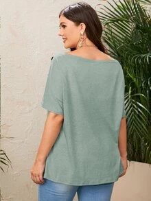 SHEIN Clasi 大碼斜肩紐扣細節蝙蝠袖T恤 - 薄荷綠 - 查看 2