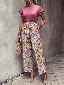 SHEIN VCAY 荷葉邊T恤和印花腰帶闊腿褲 - 藕粉色 - 查看 4