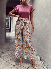 SHEIN VCAY 荷葉邊T恤和印花腰帶闊腿褲 - 藕粉色 - 查看 5