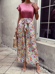 SHEIN VCAY 荷葉邊T恤和印花腰帶闊腿褲 - 藕粉色 - 查看 6