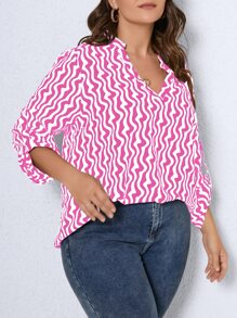 SHEIN Clasi Plus Allover Print Notched Neck Roll Tab Sleeve Blouse - Hot Pink - View 4