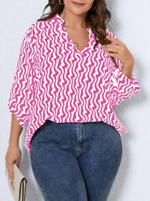 SHEIN Clasi Plus Allover Print Notched Neck Roll Tab Sleeve Blouse - Hot Pink - View 5