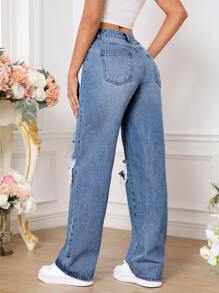 SHEIN Tall Ripped Straight Leg Jeans - Light Wash - View 2