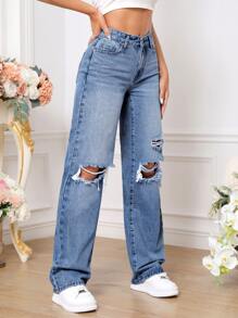 SHEIN Tall Ripped Straight Leg Jeans - Light Wash - View 4