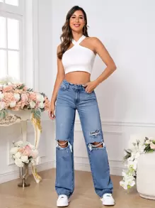 SHEIN Tall Ripped Straight Leg Jeans - Light Wash - View 5
