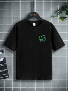 SHEIN 男孩三葉草圖案T恤 - 黑色 - 查看 1