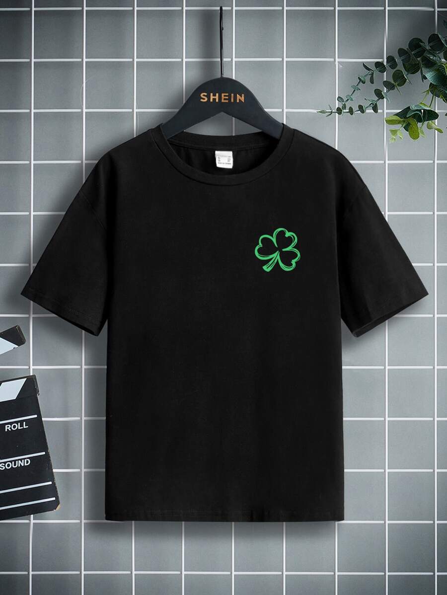 SHEIN 男孩三葉草圖案T恤 - 黑色 - 查看 1