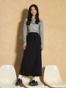 DAZY Contrast Piping Elastic Waist Split Hem Skirt - Black - View 11