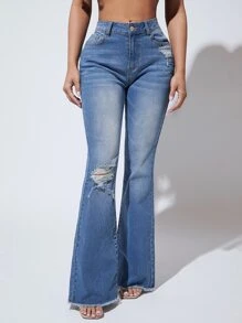 SHEIN SXY Quần jean nữ Nút Túi Hem thô Dây kéo màu trơn - Rửa trung bình - Xem 4