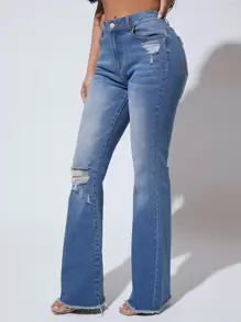 SHEIN SXY Quần jean nữ Nút Túi Hem thô Dây kéo màu trơn - Rửa trung bình - Xem 1