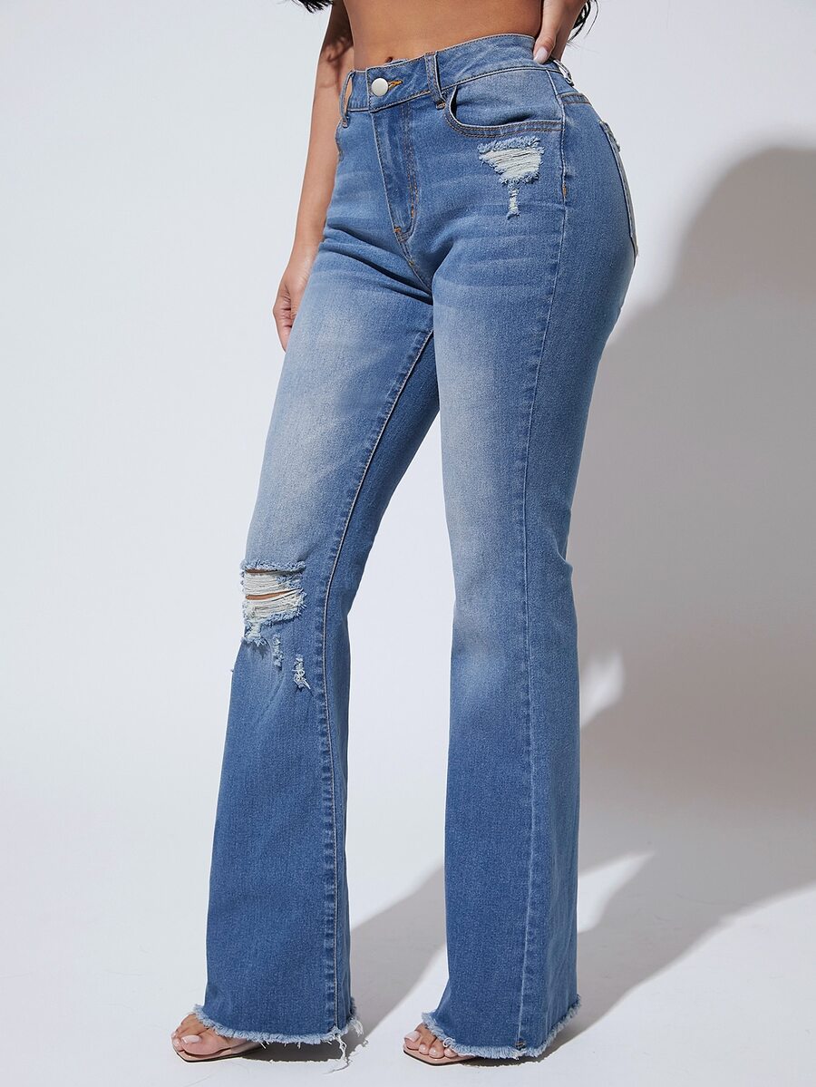 SHEIN SXY Quần jean nữ Nút Túi Hem thô Dây kéo màu trơn - Rửa trung bình - Xem 1