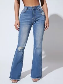 SHEIN SXY Quần jean nữ Nút Túi Hem thô Dây kéo màu trơn - Rửa trung bình - Xem 2