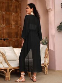Swim Vcay Lace Trim Tie Front Kimono - Black - View 6