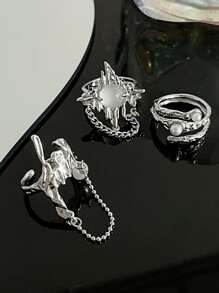 3入組假珍珠裝飾戒指 - 銀色 - 查看 1