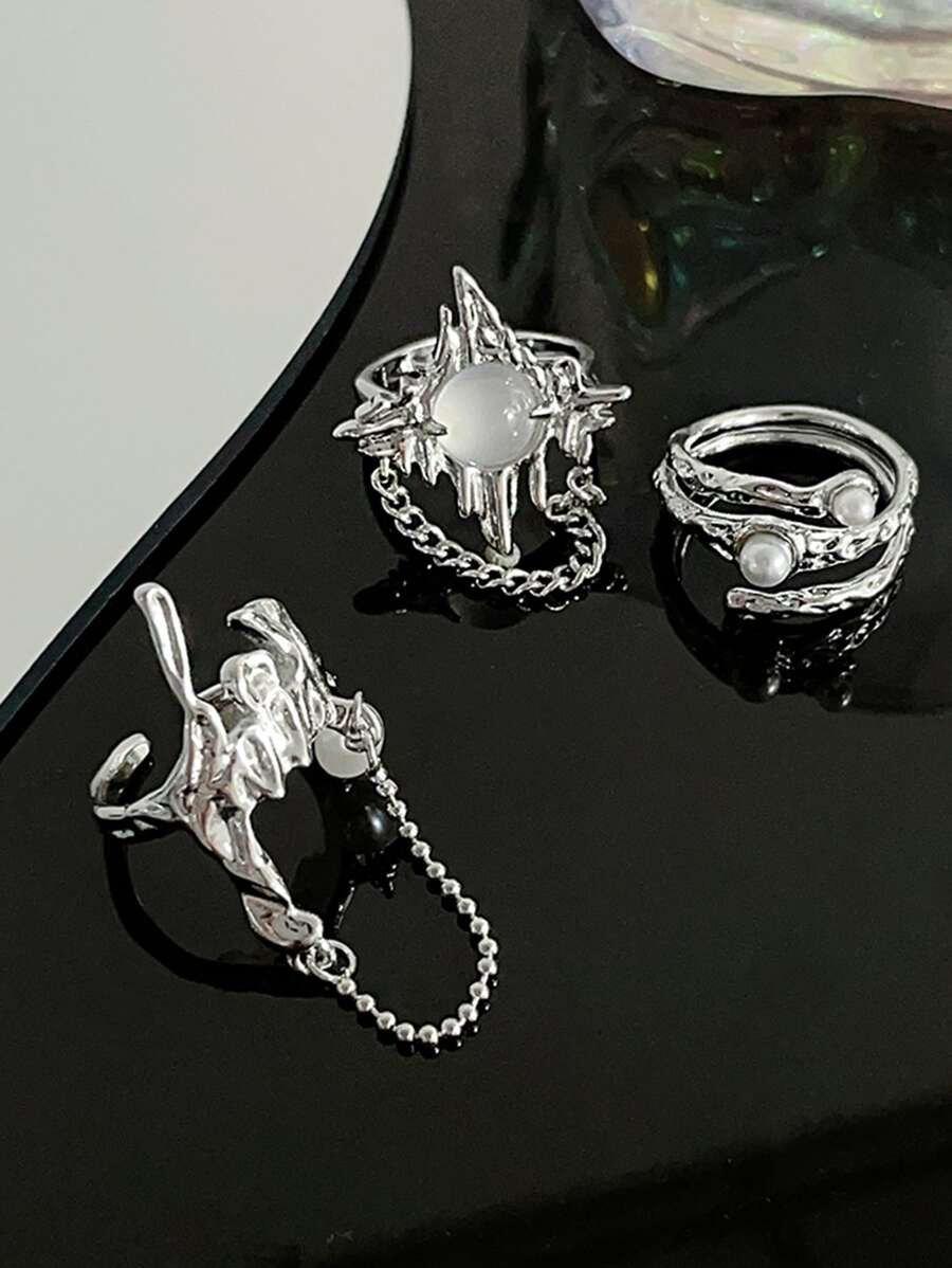 3入組假珍珠裝飾戒指 - 銀色 - 查看 1