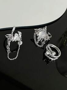 3入組假珍珠裝飾戒指 - 銀色 - 查看 3