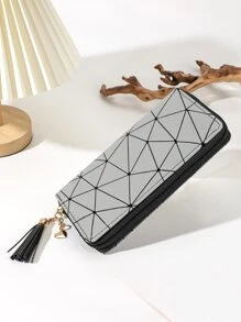 1 chiếc ví dài Unisex, thiết kế hình học, da PU, ngăn đựng tiền xu và giấy tờ dung tích lớn, nhiều ngăn - Xám - Xem 2