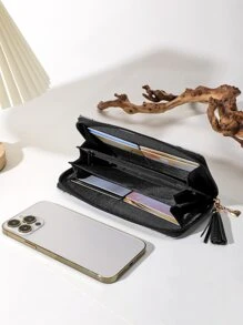 1 chiếc ví dài Unisex, thiết kế hình học, da PU, ngăn đựng tiền xu và giấy tờ dung tích lớn, nhiều ngăn - Xám - Xem 4