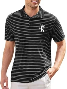 男士條紋和字母圖案POLO衫 - 黑色 - 查看 1