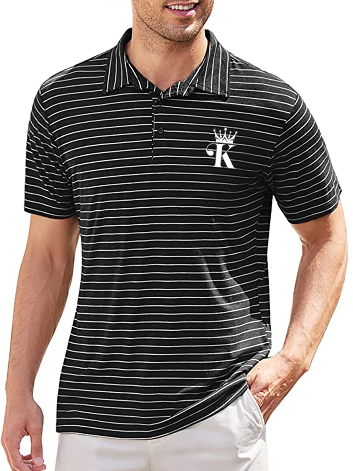 男士條紋和字母圖案POLO衫 - 黑色 - 查看 1