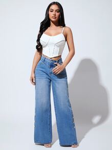 SHEIN SXY Button Detail Wide Leg Jeans - Medium Wash - View 1