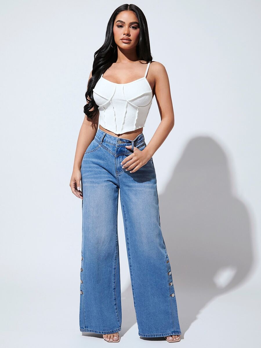 SHEIN SXY Button Detail Wide Leg Jeans - Medium Wash - View 1