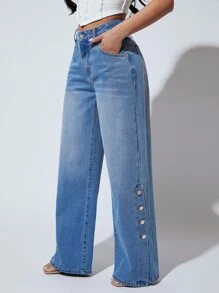SHEIN SXY Button Detail Wide Leg Jeans - Medium Wash - View 2