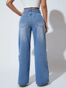 SHEIN SXY Button Detail Wide Leg Jeans - Medium Wash - View 3