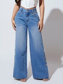 SHEIN SXY Button Detail Wide Leg Jeans - Medium Wash - View 4