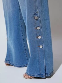 SHEIN SXY Button Detail Wide Leg Jeans - Medium Wash - View 5