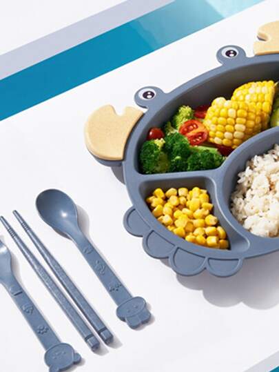 4pcs PP Dining Plate & Cutlery, Cartoon Crab Design Dining Plate, For Children