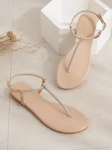 女士杏色/裸色/奶油色条纹甜美圆头 T 型带 TPR 外底 PU 皮革度假装