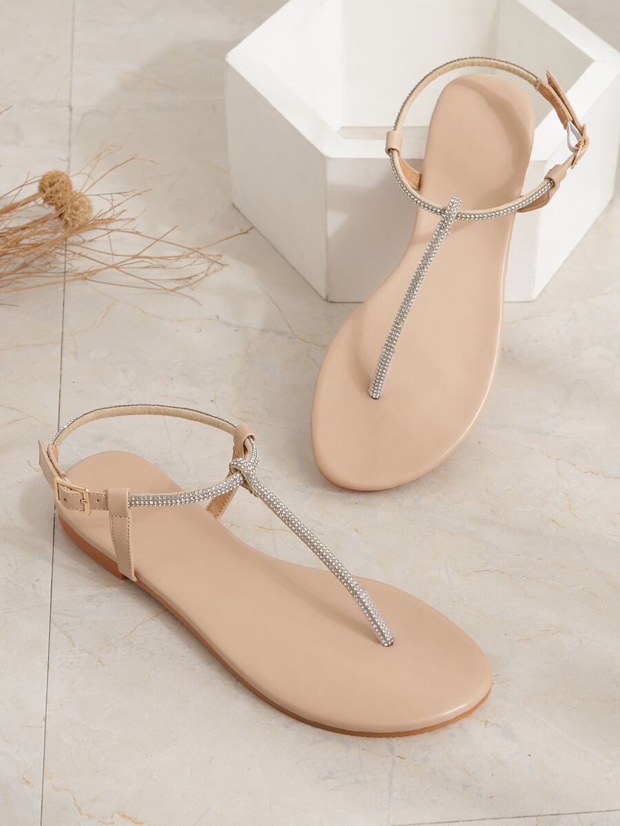 女士杏色/裸色/奶油色条纹甜美圆头 T 型带 TPR 外底 PU 皮革度假装