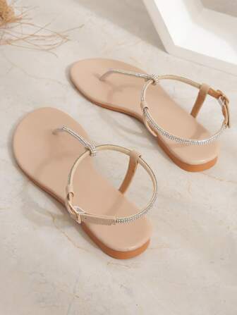 Conjunto de vacaciones para mujer de color albaricoque/nude/crema con rayas, puntera redonda, correa en T, suela exterior de TPR y PU