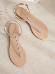 女士杏色/裸色/奶油色条纹甜美圆头 T 型带 TPR 外底 PU 皮革度假装