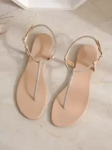 女士杏色/裸色/奶油色条纹甜美圆头 T 型带 TPR 外底 PU 皮革度假装