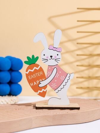 1入組木製裝飾品可愛複活節兔子和胡蘿蔔圖案家居裝飾工藝品復活節
