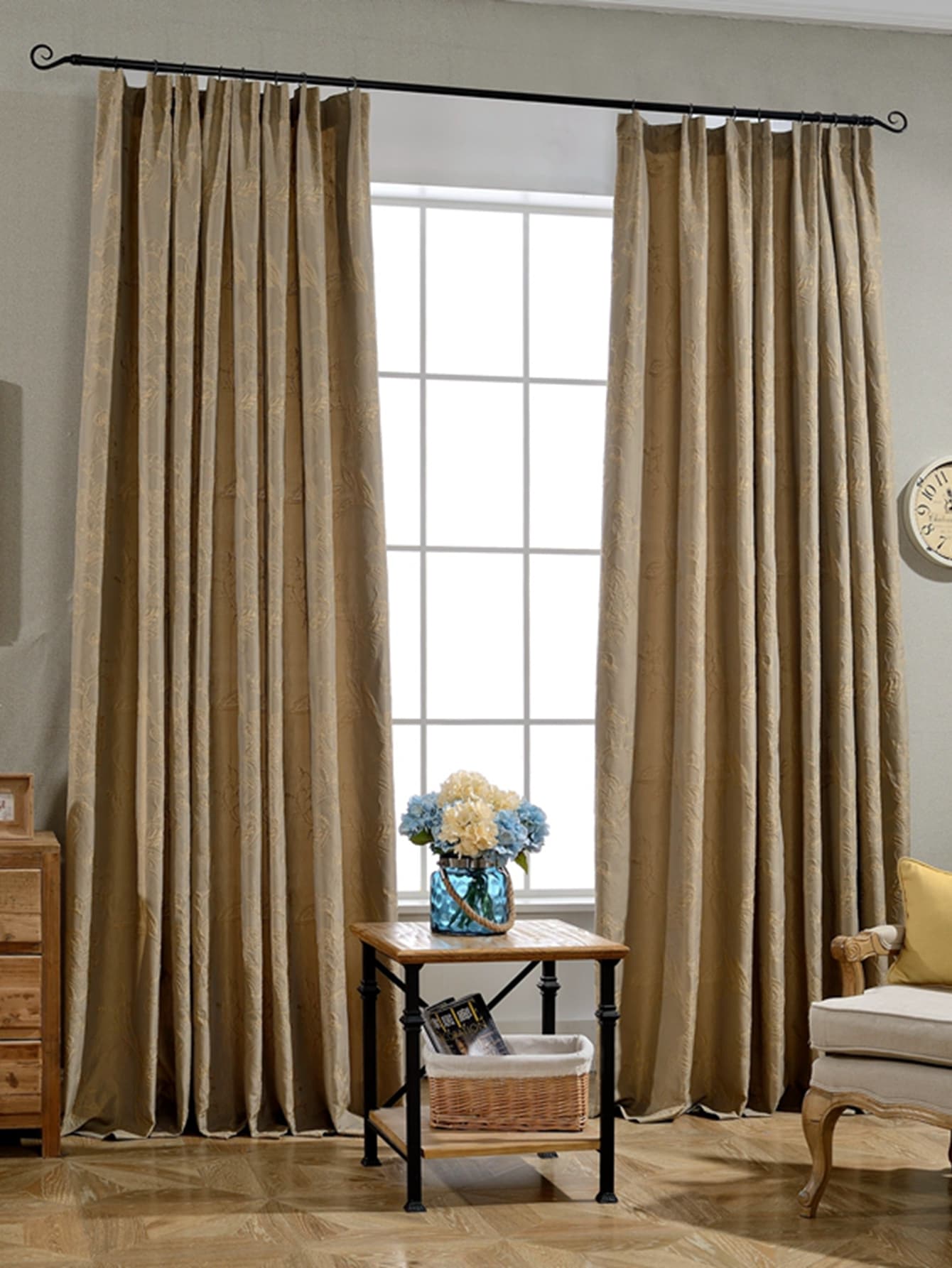 1入組花卉提花窗簾臥室和客廳現代滌綸遮光窗簾 - 駝色 - 查看 1