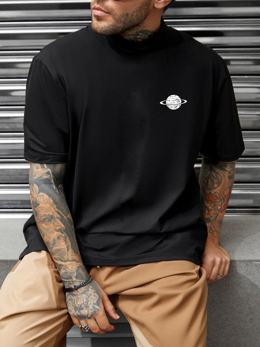 Manfinity Homme 男士星球印花T恤 - 黑色 - 查看 1