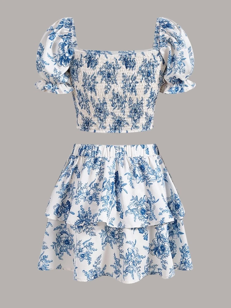 Teen Girls Floral Print Puff Sleeve Bandana Hem Crop Top & Skirt