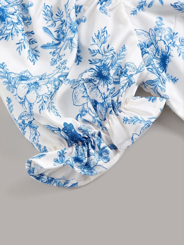 Teen Girls Floral Print Puff Sleeve Bandana Hem Crop Top & Skirt