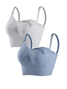 2 piezas Sostén de lactancia inalámbrico con plisado frontal para maternidad - Multicolor - Ver 1