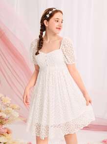 SHEIN Teen Girls Puff Sleeve Floral Embroidery Mesh Overlay Dress - White - View 1