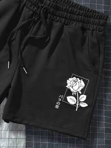 Manfinity Hypemode Pantalones cortos con estampado de rosas y cordón en la cintura para hombres, pantalones cortos con diseño de dibujos animados para hombres - Negro - Ver 5