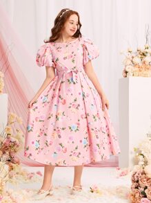 SHEIN 青少年女孩印花泡泡袖繫腰帶洋裝