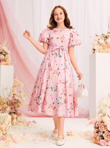 SHEIN 青少年女孩印花泡泡袖繫腰帶洋裝